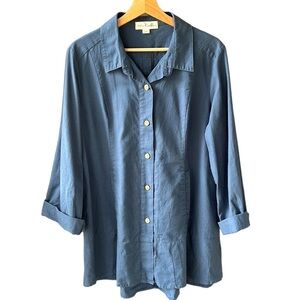 Simply Noelle Periwinkle Lagenlook Cotton Linen Tunic Button Down Top. L/XL